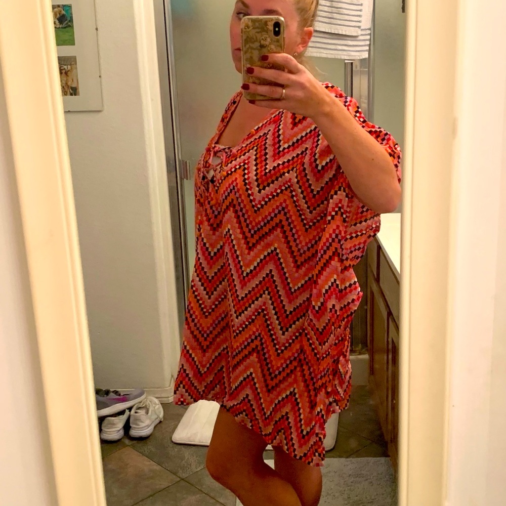 Multi-colored, drawstring front swimsuit coverup
